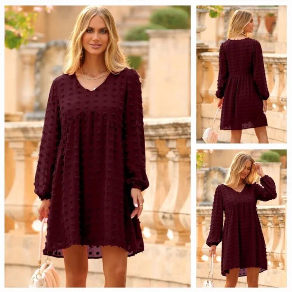 Long Sleeve Mini Dress V Neck Flowy Casual Swiss Dot Loose Babydoll Dress